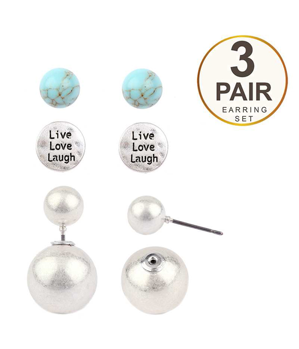 Metalic ball and message double sided front and back 3 pair earring set