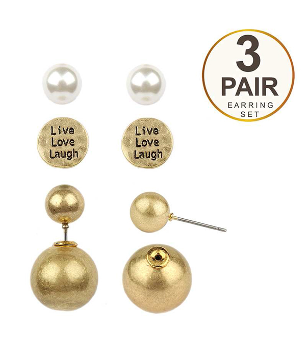 Metalic ball and message double sided front and back 3 pair earring set