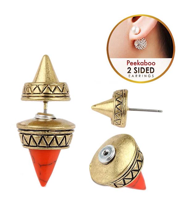 AZTEC PATTERN AND SPIKE DOUBLE SIDED FRONT AND BACK EARRING -western