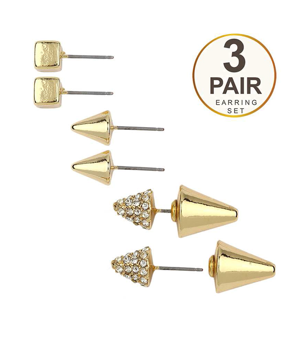 Crystal spike double sided front and back 3 pair earring set