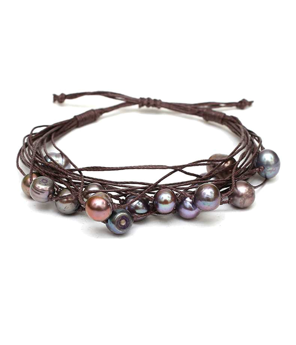 Genuine fresh water pearl mix and multi cord pull tie bracelet