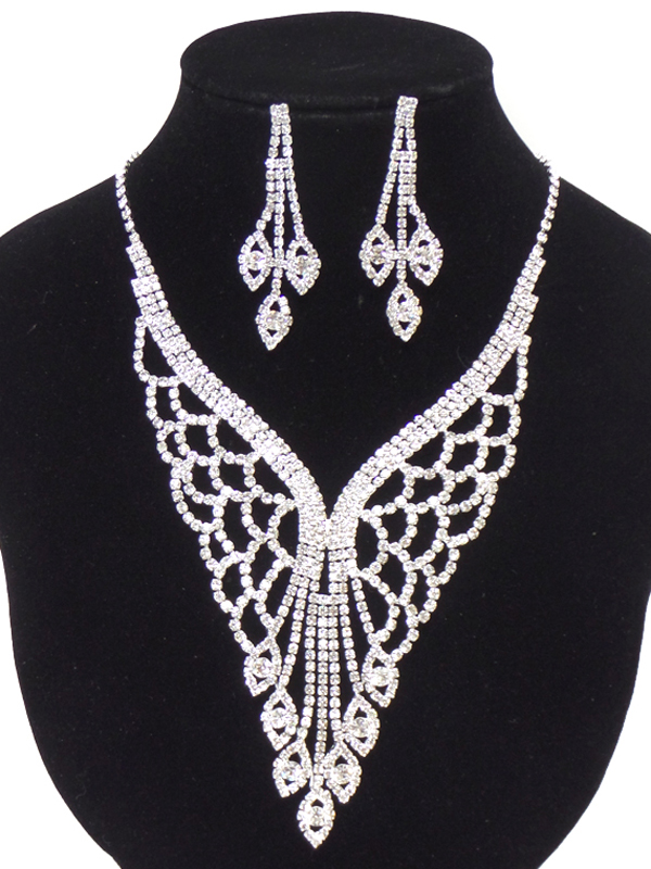 V shape drop rhinsetone necklace set