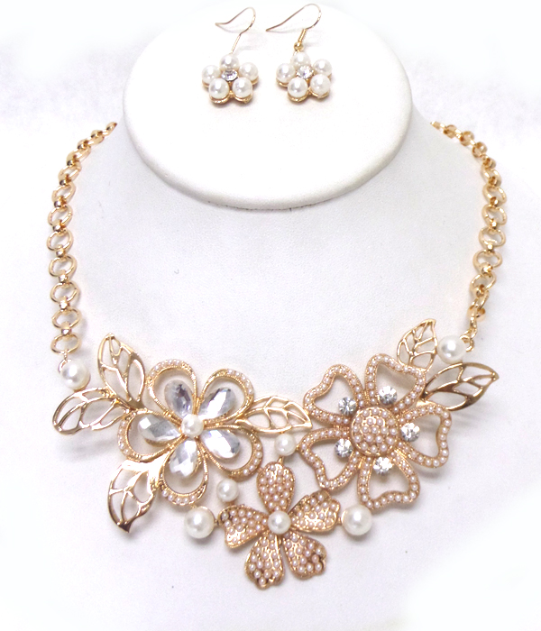 Crystal pearl and beads flower necklace set