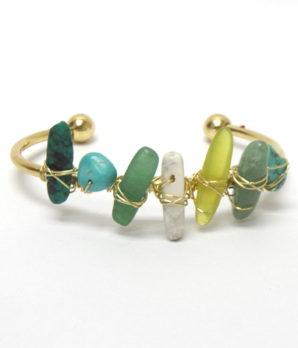 Mixed semi precious stone wrapped cuff bangle bracelet