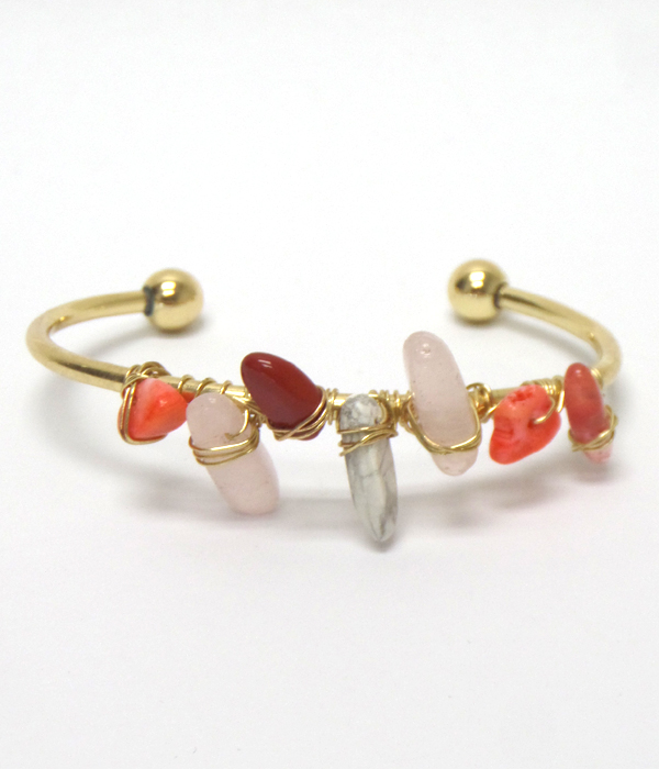 Mixed semi precious stone wrapped cuff bangle bracelet