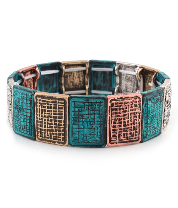 Patina multi metal plate stretch bracelet