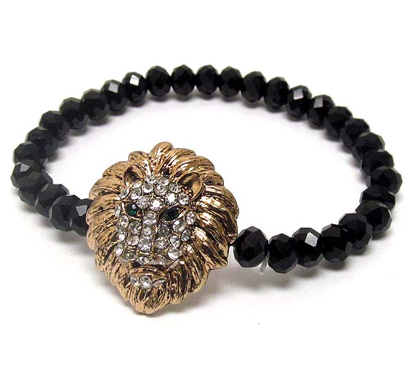 CRYSTAL DECO LION HEAD AND GLASS BEAD STRETCH BRACELET