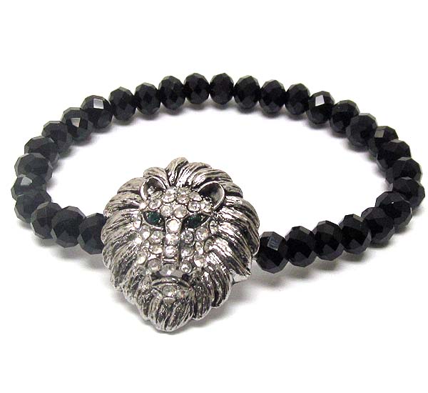 CRYSTAL DECO LION HEAD AND GLASS BEAD STRETCH BRACELET