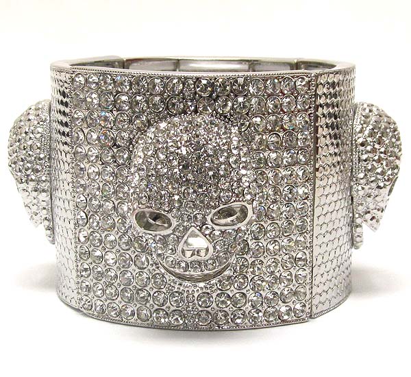 Crystal pave multi skull deco wide stretch bangle bracelet