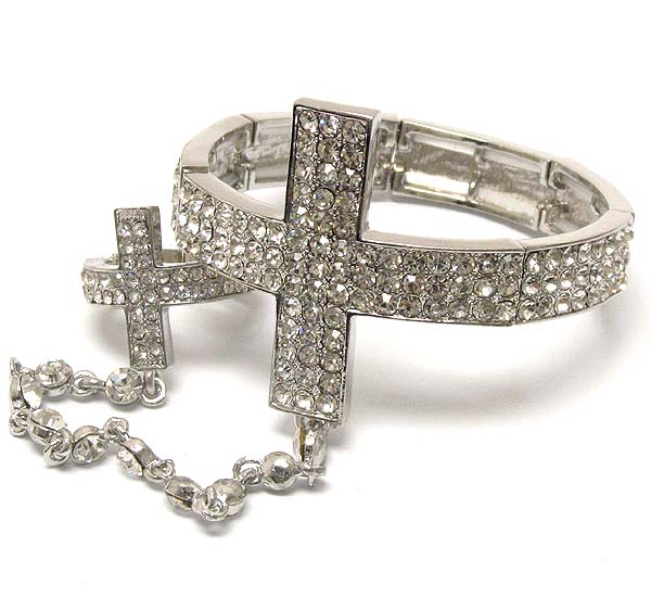 Crystal pave cross stretch bracelet and ring set
