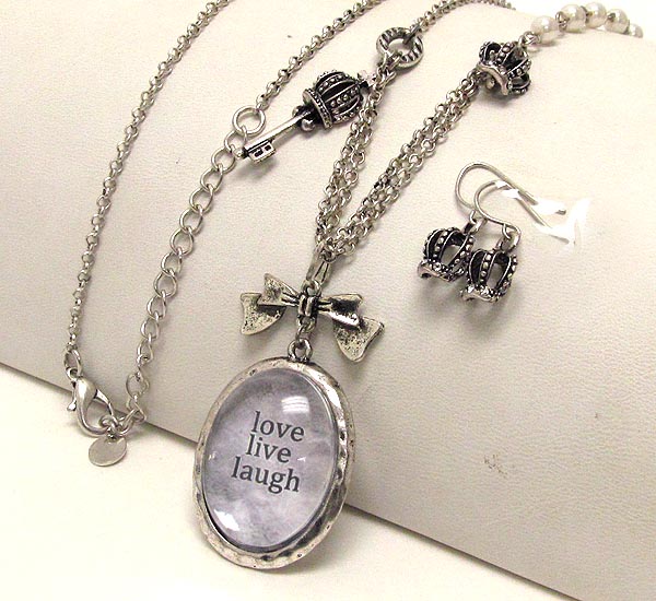 Metal textured crown key and crown dangle drop oval clear acryl love live laugh theme necklace earring set