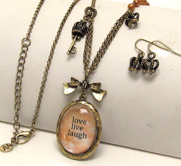 Metal textured crown key and crown dangle drop oval clear acryl love live laugh theme necklace earring set