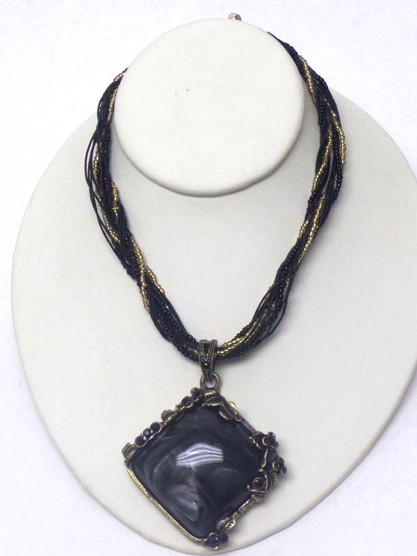 Puffy stone and crystal edge pendant and multi seed bead chain mix necklace