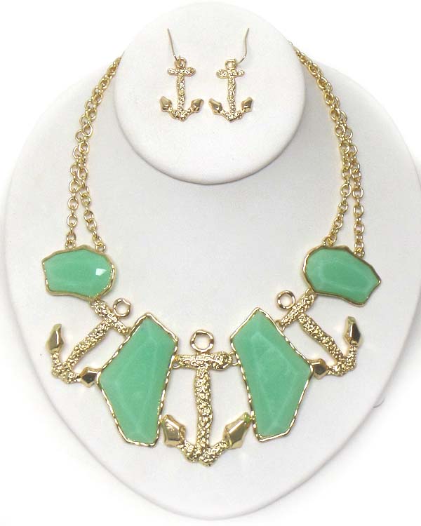 Hammered anchor and facet stone link necklace earring set