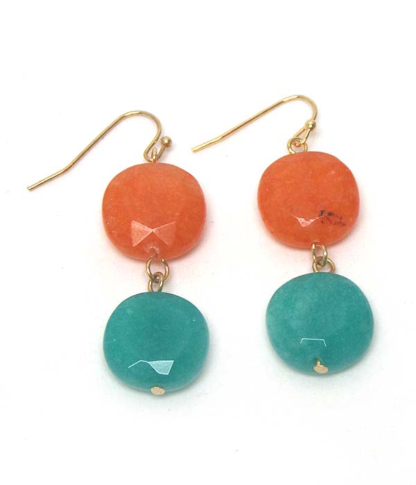 Double semi precious stone drop earring - peach and green quartz - made in usa