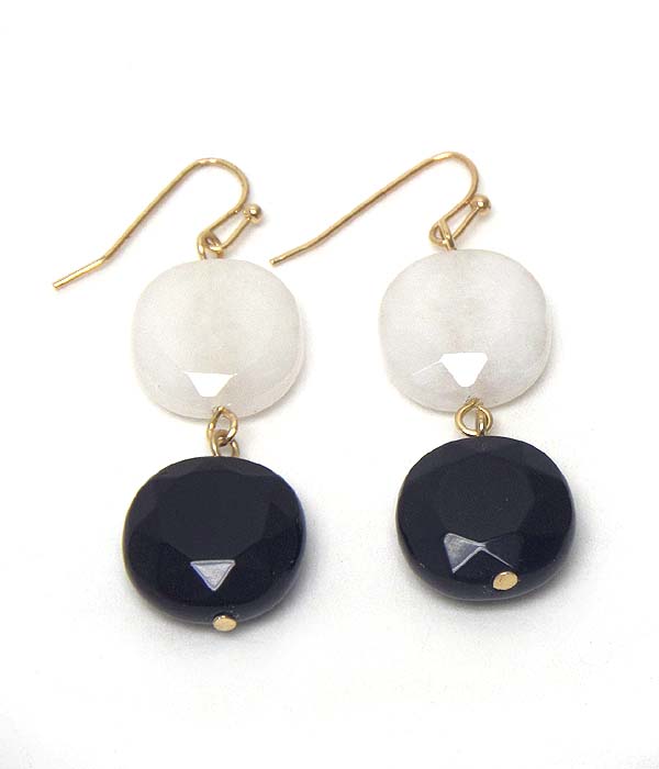 Double semi precious stone drop earring - moon stone and jet quartz - made in usa