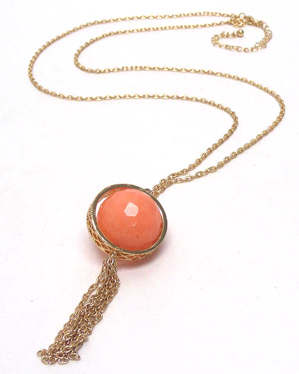 Semi precious spinning ball and tassel drop necklace - peach quartz - made in usa