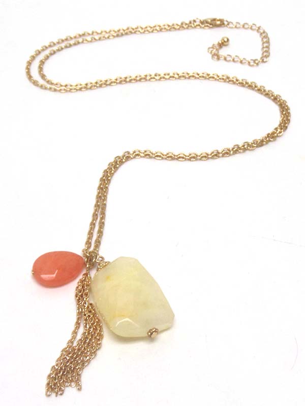 Natural shape semi precious stone and tassel drop necklace - moon stone and peach quartz - made in usa