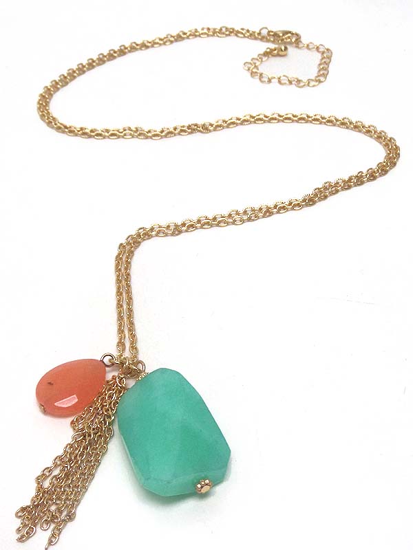 Natural shape semi precious stone and tassel drop necklace - amazonite and peach quartz - made in usa