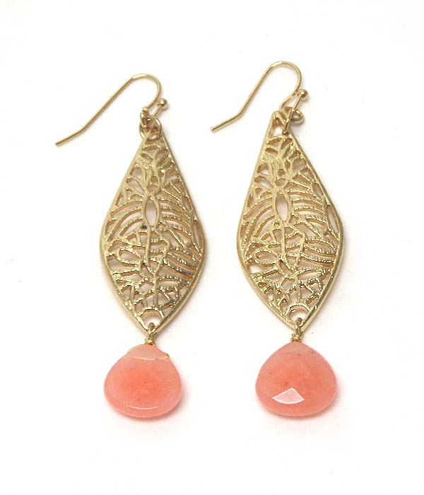 Metal filigree and semi precious stone drop earring - peach opal - made in usa