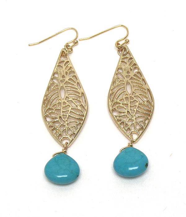 Metal filigree and semi precious stone drop earring - turquoise - made in usa