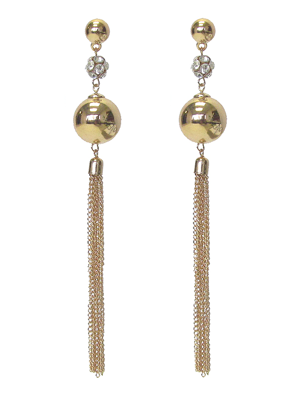 CRYSTAL FIREBALL AND METAL BALL AND LONG FINE CHAIN TASSEL DROP EARRING