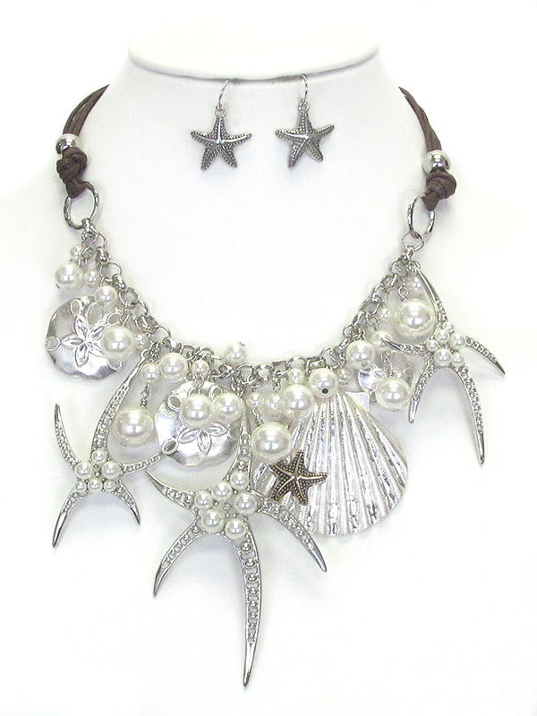 Multi starfish and shell and pearl mix statement necklace set