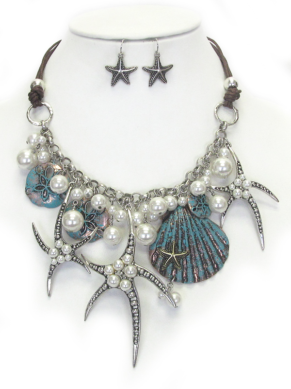 MULTI STARFISH AND SHELL AND PEARL MIX STATEMENT NECKLACE SET