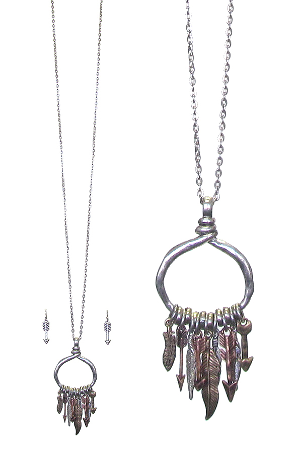 MULTI FEATHER AND ARROW CHARM PENDAN LONG NECKLACE SET