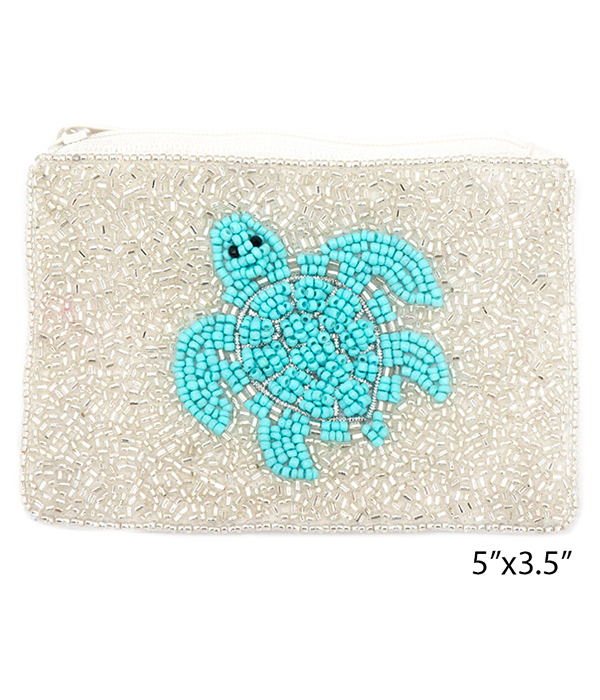 SEALIFE THEME HANDMADE MULTI SEEDBEAD WALLET COIN PURSE - TURTLE