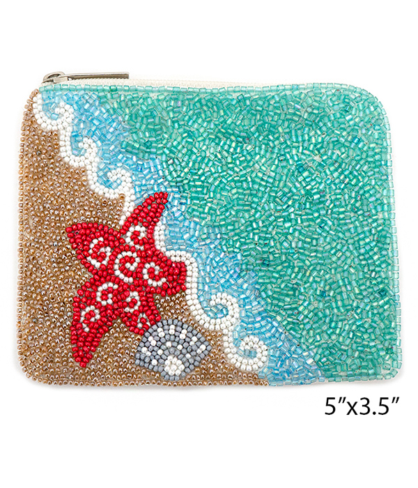 SEALIFE THEME HANDMADE MULTI SEEDBEAD WALLET COIN PURSE - STARFISH