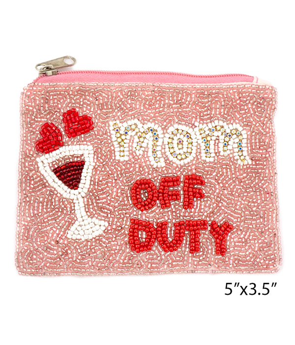 MOM THEME HANDMADE MULTI SEEDBEAD WALLET COIN PURSE - MOM OFF DUTY