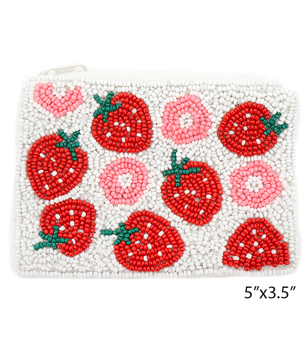 Fruit theme handmade multi seedbead wallet coin purse - strawberry