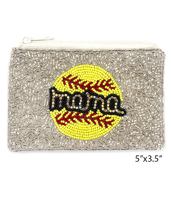 SPORT THEME HANDMADE MULTI SEEDBEAD WALLET COIN PURSE - SOFTBALL MAMA