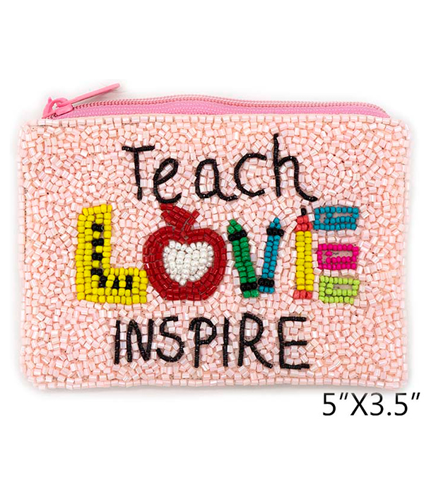 Teacher theme handmade multi seedbead wallet coin purse - teach love inspire