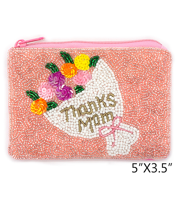 MOM THEME HANDMADE MULTI SEEDBEAD WALLET COIN PURSE - THANKS MOM