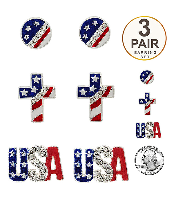 Patriotic theme american flag 3 pair earring set - cross usa