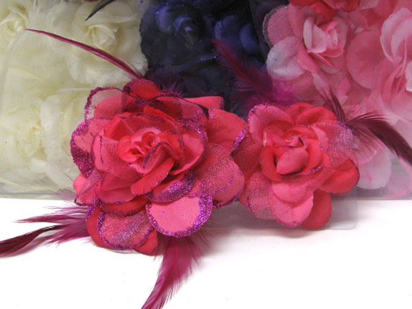 COLOR ASSORTED FABRIC FLOWER TWO HAIR PIN DOZEN SET