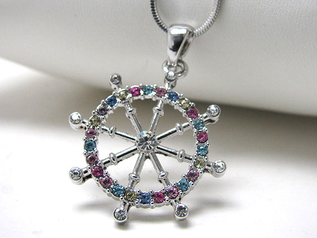 Made in korea whitegold plating crystal stud nautical wheel pendant necklace