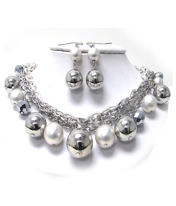 Multi meatl ball and twisted chain necklace earring set