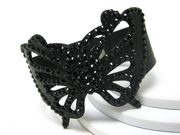 Synthetic leather butterfly cut and crystal glued button bracelet