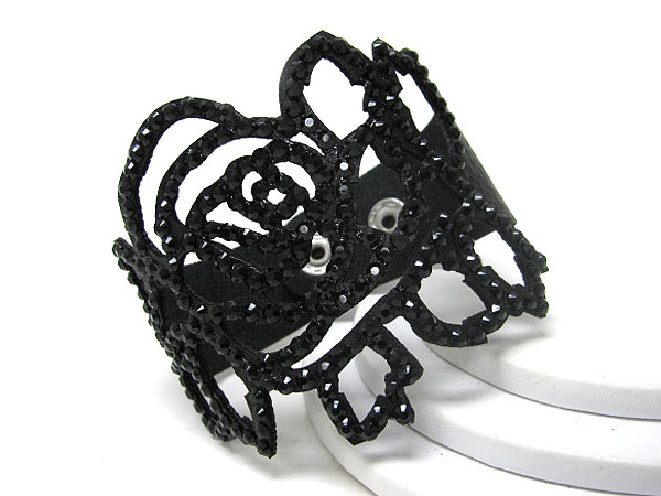 Synthetic leather flower cut and crystal glued button bracelet