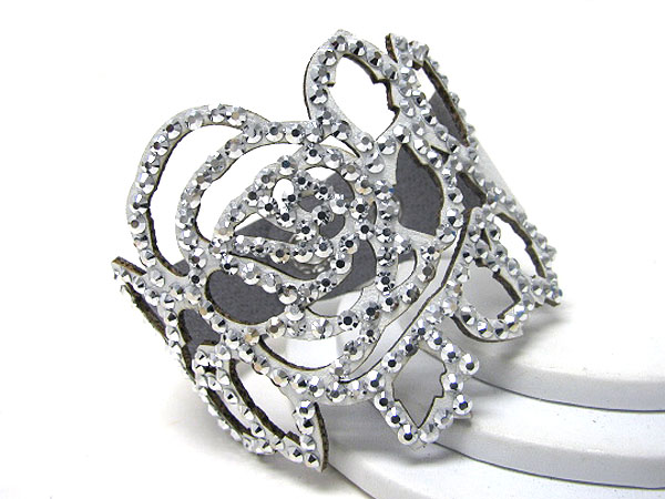 Synthetic leather flower cut and crystal glued button bracelet