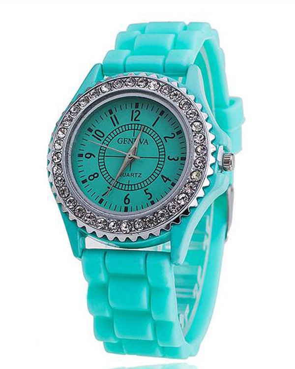 Crystal stud silicon jelly band watch
