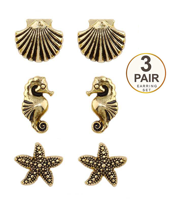 Starfish shell and seahorse 3 pair earring set