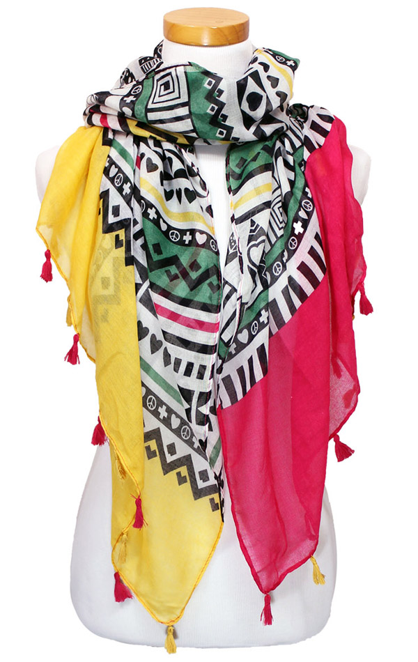 Aztec pattern pompom tassel scarf -western