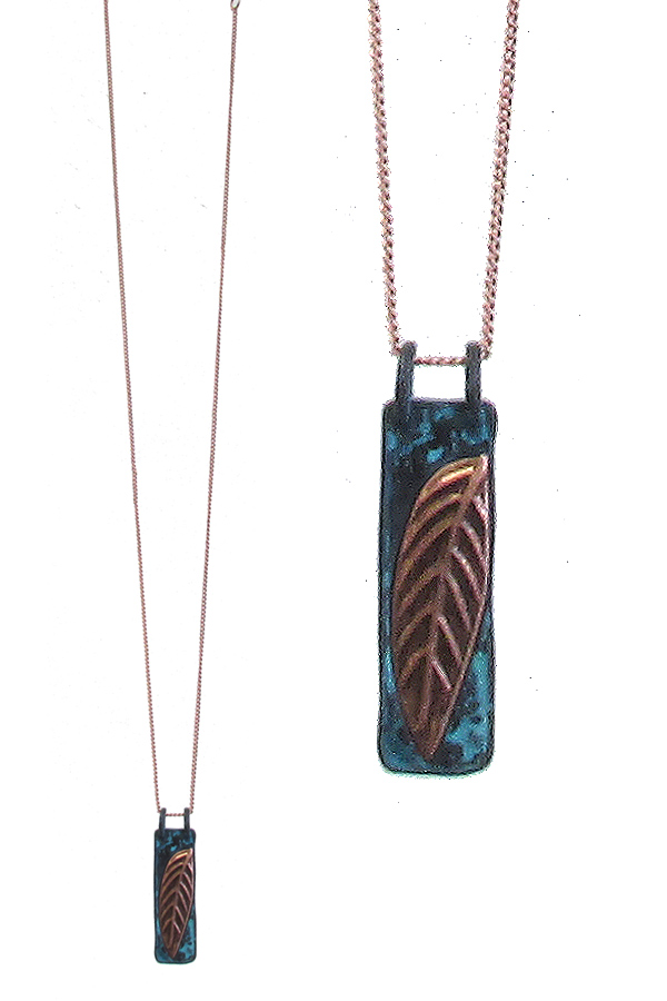 Patina bar pendant long necklace - feather