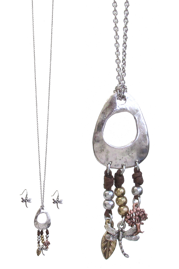 MULTI CHARM DROP PENDANT LONG NECKLACE SET - TREE OF LIFE DRAGONFLY