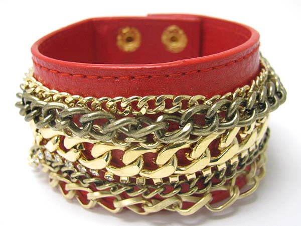 Multi metal chain leather wrist band 