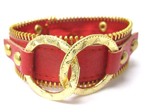 Zipper design metal deco leather wrist band